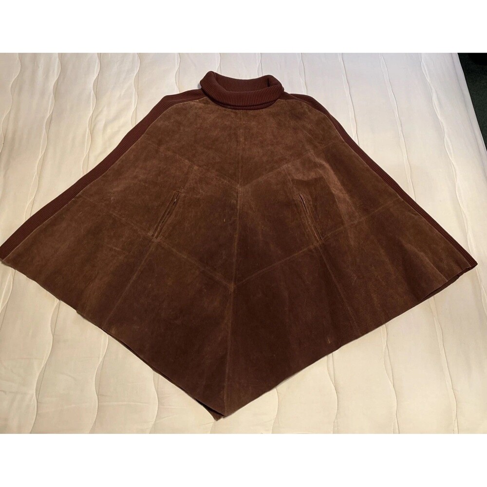 Linda Dano Suede Leather Poncho Lined Brown Size Missy Hippy Hippie Hobo Cape